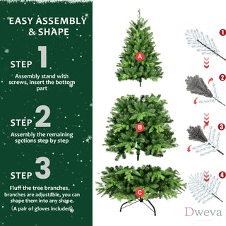 5ft Pre-Lit Christmas Tree with 250 Warm White LED Lights, 850 Tips Realistic PE+PVC Hinged Tree with Metal Stand, Full Artificial Xmas Tree for Holiday Decoration Dweva