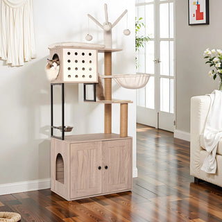 Cat Tree with Litter Box Enclosure - Modern Cat Condo with Scratching Posts, Feeding Bowl & Removable Pompom Sticks, Gray Dweva