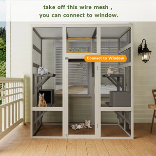 Large Outdoor Gray Wooden Catio – Solid Wood Cat Enclosure with 5 Platforms & 2 Resting Boxes, UV-Resistant & Waterproof Outdoor Cat House Shelter Playpen Dweva