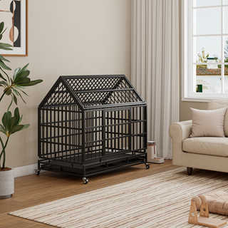 48 Inch Heavy Duty Dog Crate with Wheels, Folding Metal Big Dog Cage for Large and Medium Dogs, Cage with a pointed roof and Removable Tray. Dweva