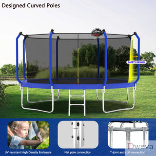 12FT Trampoline with Basketball Hoop, ASTM Approved Reinforced Type Outdoor Trampoline with Enclosure Net Dweva