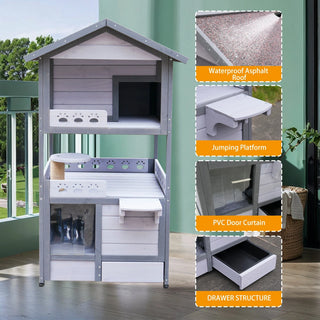 Three Story Outdoor Cat House with Balcony, Large Feral Villa Cat Shelter Weatherproof, 3 Story Outside Cat House for Multiple Cats Dweva