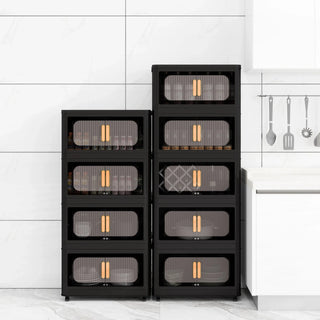 Black, 24" Side Wide Folding Storage Cabinet ,5 Tiers,23.62"×13.78"×59.84",Collapsible Storage Bins with Magnetic Door, Plastic Storage Cabinet with Wheels Dweva