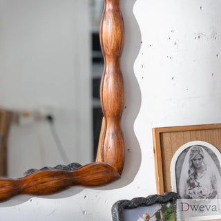 Mid-Century Modern Mirror with Solid Wood Frame,Wall-Mounted High-Definition Non-deformable Bedroom Mirror, Living Room Mirror,Brown Dweva