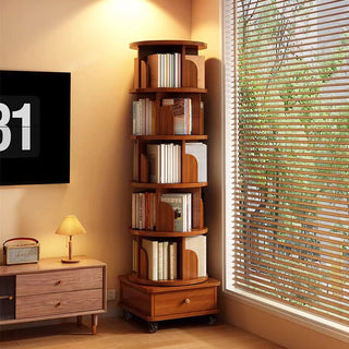 (UPGRADED) Rotating Bookshelf, 360 Display Corner Bookshelf for Small Space, 6 Tier Bookcase Storage Rack with Wheels, Wood Narrow Organizer for Bedroom, Living Room, Study Room, Walnut Brown, Shelves Dweva