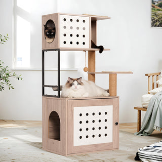 Cat Tree with Litter Box Enclosure, All-in-one Cat Tower for Indoor Cats with Large Hammock, Bed, Food Station, Scratching Posts, Modern Style Pet Furniture, Gray+white Dweva