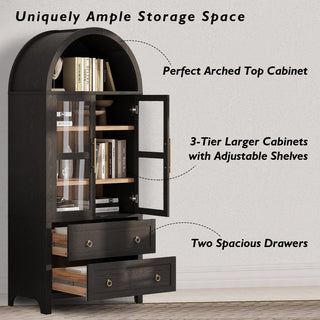 K&K 71" Tall Arched Kitchen Pantry Cabinet with 2 Large Drawers, Modern Farmhouse Kitchen Storage Cabinets with Adjustable Shelves, Glass Door, Wood Versatile Cupboard for Kitchens, Dining Room, Black Dweva