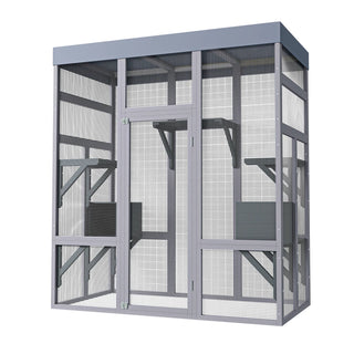 62.6" Wooden Outdoor Catio for Cats, Large Cat Enclosure with Waterproof Roof, 2 Napping House, Platforms & Rust-Proof Wire – Secure Pet Cage for Backyard or Patio Dweva