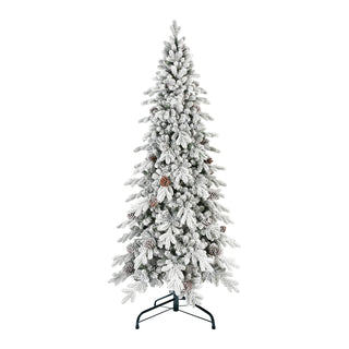 7.5 FT Flocked PE/PVC Christmas Tree with 40 Natural Pine Cones – 1424 Tips, Space-Saving Design, Hinged Branches, Stable Metal Stand, Realistic Snowy Look Dweva
