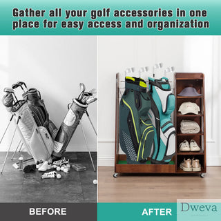 Golf Bag Organizer for Garage, Premium Wooden Golf Clubs Storage Rack Fit 2 Golf Bags, Golf Trunk Organizer for Car Garage Club Shed Basement,Brown Dweva