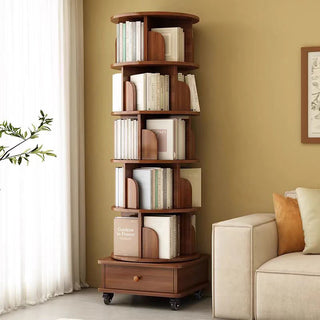 (UPGRADED) Rotating Bookshelf, 360 Display Corner Bookshelf for Small Space, 6 Tier Bookcase Storage Rack with Wheels, Wood Narrow Organizer for Bedroom, Living Room, Study Room, Walnut Brown, Shelves Dweva