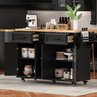 K&K 56.5'' Kitchen Island with Drop Leaf, Power Outlet, Embossed Vertical Stripe Rolling Kitchen Cart on Wheels with 4 Doors , 5 Deep Drawers and Adjustable Shelves, for Kitchen, Dining Room, Black Dweva