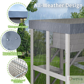 70.5＂ Tall Wooden Catio Outdoor Cat Enclosure, Gray Cat House Large Solid Wood Cage Playpen with 6 Jumping Platforms & 2 Napping Houses, Movable tarp cover Dweva