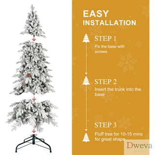 7.5 FT Flocked PE/PVC Christmas Tree with 40 Natural Pine Cones – 1424 Tips, Space-Saving Design, Hinged Branches, Stable Metal Stand, Realistic Snowy Look Dweva