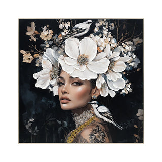 Floral Woman Canvas Wall Art Black and White Bird Tattoo Portrait Modern Aesthetic Artwork for Living Room Bedroom Office Art oil painting decorative picture Dweva
