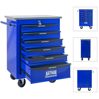 6 Drawers Multifunctional Tool Cart with Wheels,Metal Rolling Tool Cart Storage for Garage Workshop Warehouse Repair Shop--With Stainless Steel Roof- BLACK&BLUE Dweva