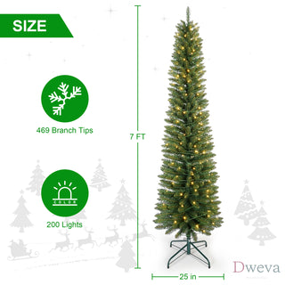 6FT Green Pencil Christmas Tree with 150 Warm White LED Lights – Slim PVC Tree with 358 Tips, Compact Design, Stable Metal Stand, Easy to Assemble Dweva