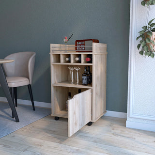 FM FURNITURE Crozier Bart Cart, with 1 shelf, 1 door and four built-in wine rack,Macadamia Dweva