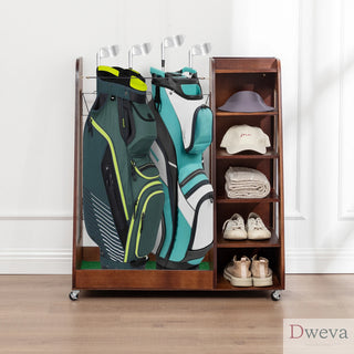 Golf Bag Organizer for Garage, Premium Wooden Golf Clubs Storage Rack Fit 2 Golf Bags, Golf Trunk Organizer for Car Garage Club Shed Basement,Brown Dweva