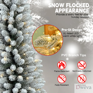 5FT Flocked Pencil Christmas Tree with 100 Warm White LED Lights – Slim Snowy PVC Tree with 263 Tips, Metal Stand, Space-Saving Design, Easy to Set Up Dweva