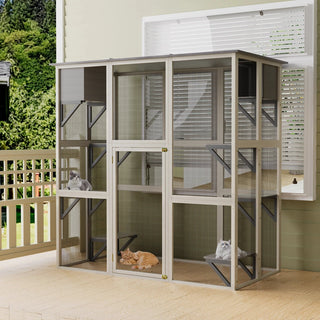 Gray Wooden Outdoor Catio Cat Enclosure with Weatherproof Asphalt Roof, Large Walk-in Cat House with 6 Platforms & 2 Napping Boxes, Solid Wood Cat Cage Kennel Condo Playpen for Patio Dweva