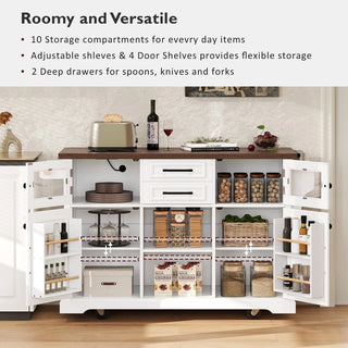 K&K 54.9" Kitchen Island with Drop Leaf, Power Outlet, Kitchen Storage Cart with 4 Door Shelves, Cross Barn Doors & Visual Glass Door, Rolling Kitchen Island on 4 Wheels for Kitchen, Dining Room,White Dweva