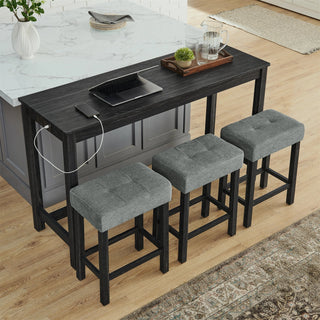 59 Inch Bar Table, Dining Table, Sofa Table with Power Outlet, 3 Upholstered Stools, 4 Piece Bar Table and Chair Set for Living Room, Dining Room, Kitchen Dweva