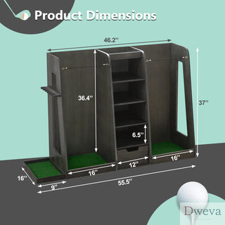 55.5''x16''x37''(LxWxH) Wooden Golf Bag Organizer and Storage Rack, High Quality Wooden 2 Golf Bag Rack with Drawers, Easy to Assemble Golf Club Holder/Stand with Club Holders on Side,Gray Dweva