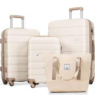 Luggage Sets 4 Piece, ABS Durable Suitcase with Travel Bag, Carry On Luggage Suitcase Set with 360° Spinner Wheels, ivory and golden Dweva