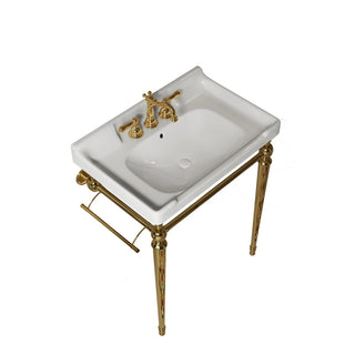 VICI 28" Bathroom Console Sink, Wall-Mounted White Ceramic Vanity Basin with 3 Pre-drilled Faucet Holes, Freestanding Stainless Steel Support Legs with Towel Bar, No Faucet, Gold Color Dweva