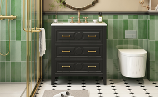 30'' Bathroom Vanity with Ceramic Sink Combo, Free Standing Single Vanity Set with 3 Drawers, Solid Wood Frame Bathroom Storage Cabinet, Black Dweva