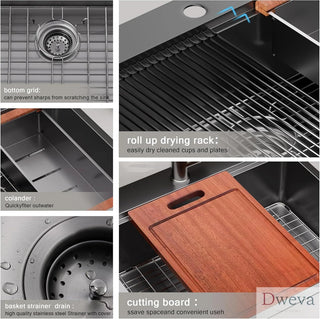 33 Inch Gunmetal Black Drop in Workstation kithchen Sink -33 "x 22" 16 Gauge Topmount Drop in Single Bowl Stainless Steel Kitchen Sink with Accessories Dweva