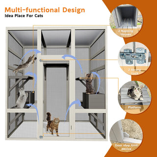 Large Outdoor Gray Wooden Catio – Solid Wood Cat Enclosure with 5 Platforms & 2 Resting Boxes, UV-Resistant & Waterproof Outdoor Cat House Shelter Playpen Dweva