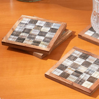 Handmade Set of 2 Chiseled Horn Coasters with Teakwood Edges Dweva