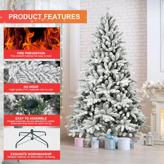 7ft Flocked Christmas Tree with 1514 Tips, Realistic PE+PVC Snowy Hinged Tree with Metal Stand, Full Artificial Xmas Tree for Holiday Decoration Dweva