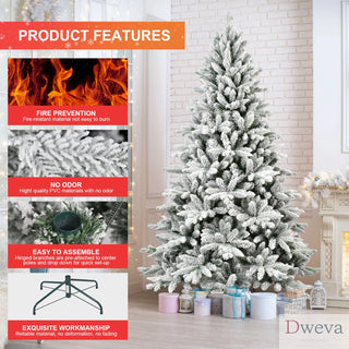 6ft Flocked Christmas Tree with 1100 Tips, Realistic PE+PVC Snowy Hinged Tree with Metal Stand, Full Artificial Xmas Tree for Holiday Decoration Dweva