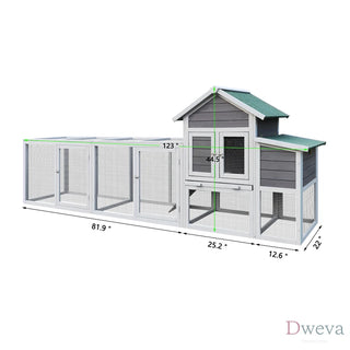 Gray Wooden Chicken Coop Outdoor Hen House with Run, Waterproof Roof & Nesting Box, Rabbit Duck Poultry Cage with Perch, Sliding Tray, and Secure Locks Dweva