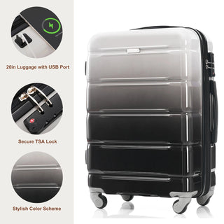 Luggage Set of 3, 20-inch with USB Port, Airline Certified Carry-on Luggage , ABS+PC Hard Shell Luggage with Spinner Wheels,black Dweva