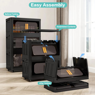 Black, 24" Side Wide Folding Storage Cabinet ,5 Tiers,23.62"×13.78"×59.84",Collapsible Storage Bins with Magnetic Door, Plastic Storage Cabinet with Wheels Dweva