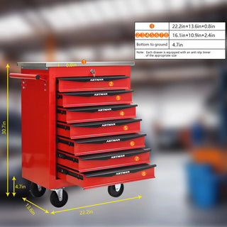7 Drawers Multifunctional Tool Cart with Wheels,Metal Rolling Tool Cart Storage for Garage Workshop Warehouse Repair Shop--With Stainless Steel Roof- Red&Black Dweva
