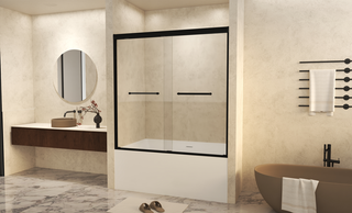 56-60" W × 60" H Tempered Glass with Explosion Proof Film, Aluminum Frame Double Sliding Shower Door, "1/4 (6 mm), Stainless Steel handle, Matte Black Dweva