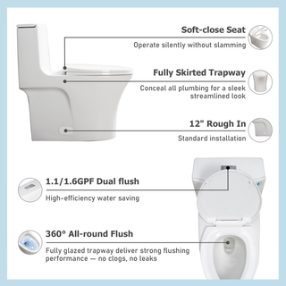 1.1/1.60 GPF Dual-Flush One Piece Toilet, Water-Saving Elongated Comfort Height Floor Mounted, Soft Closing Seat, 1000 Gram Map Flushing Score Toilet, Gloss White 24T02-GW Dweva