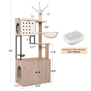 Cat Tree with Litter Box Enclosure - Modern Cat Condo with Scratching Posts, Feeding Bowl & Removable Pompom Sticks, Gray Dweva