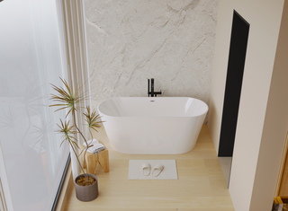 59" Acrylic Freestanding Bathtub, Stand Alone Soaking Tub, Glossy White Acrylic, Toe-tap Chrome Drain, cUPC Certified Dweva