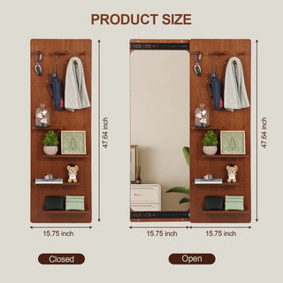 Wall Mounted Full Length Mirror, Full Body Mirror with Shelf, Full Body Mirror with Hook Wall Mounted Mirror with Multifunctional Design Panel, Bedroom/Living Room/Entrance Walnut (47.6*15.7in) Dweva