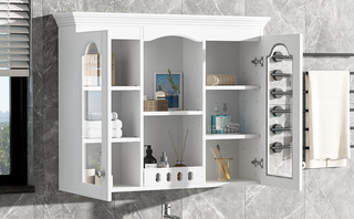 Wall Mounted Medicine Cabinet, Bathroom Wall Cabinet with 2 Glass Doors, Over The Toilet Space Saver Storage Cabinet with Ample Storage, White Dweva