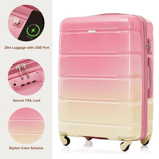 Luggage Set of 3, 20-inch with USB Port, Airline Certified Carry-on Luggage , ABS+PC Hard Shell Luggage with Spinner Wheels,pink Dweva