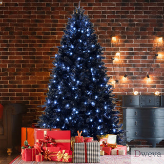 9ft Black Christmas Tree with 750 White LED Lights, 3176 Tips PE+PVC Artificial Tree for Halloween & Holiday Decor, Hinged Structure with Stable Metal Stand Dweva