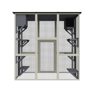 70.9" Gray Wooden Outdoor Catio Cat Enclosure with Weatherproof Asphalt Roof, Large Walk-in Cat House with 6 Platforms & 2 Napping Boxes, Solid Wood Cat Cage Playpen for Patio or Backyard Dweva