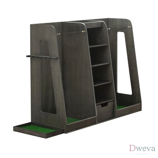 55.5''x16''x37''(LxWxH) Wooden Golf Bag Organizer and Storage Rack, High Quality Wooden 2 Golf Bag Rack with Drawers, Easy to Assemble Golf Club Holder/Stand with Club Holders on Side,Gray Dweva